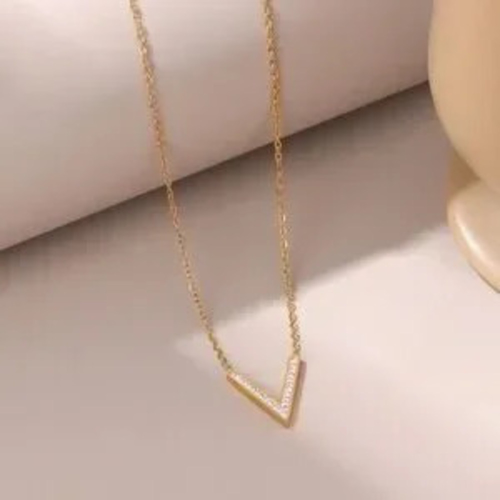Gold Plated Stainless Steel V Pendant Necklace CZ Accent Minimalist Statement